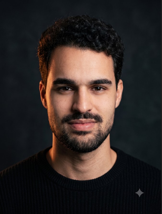 Retrato de Lucas de Oliveira, de suéter preto, em fundo escuro